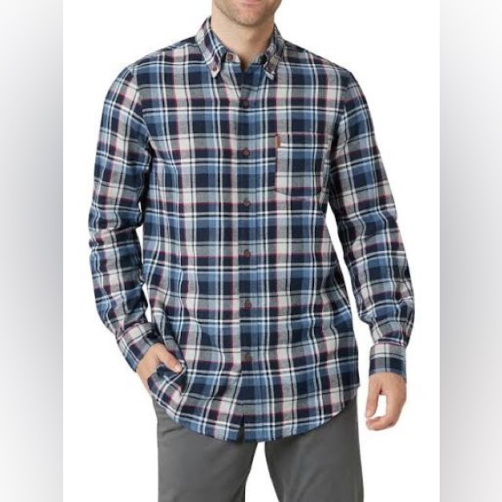 Red Head Plaid Flannel Shirt Mens size L Blue Navy Button Down Casual